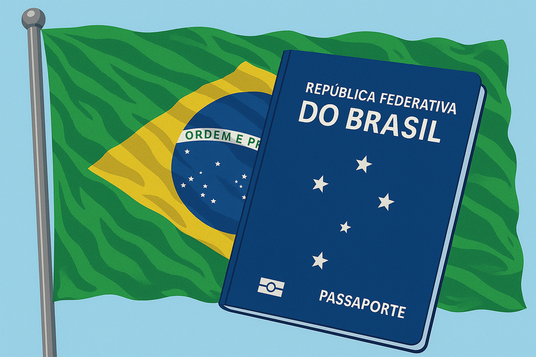 brazilian passport in front of brazilian flag flapping in the wind