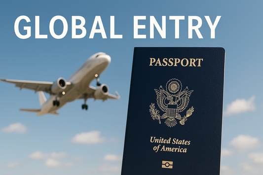 global entry text with a plane taking of and a us passport in the foreground