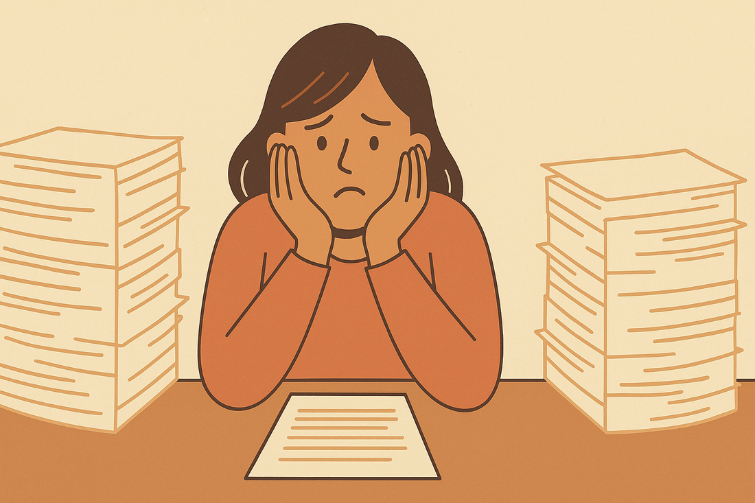 girl overwhelmed by stack of documents