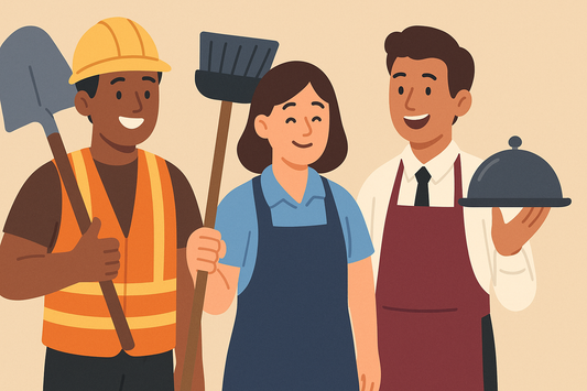 happy employees showing a construction worker, a house cleaner and a restaurant attendant