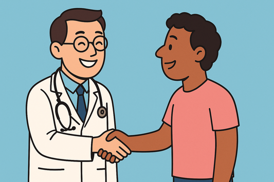 Illustration of doctor smiling shaking a patients hand