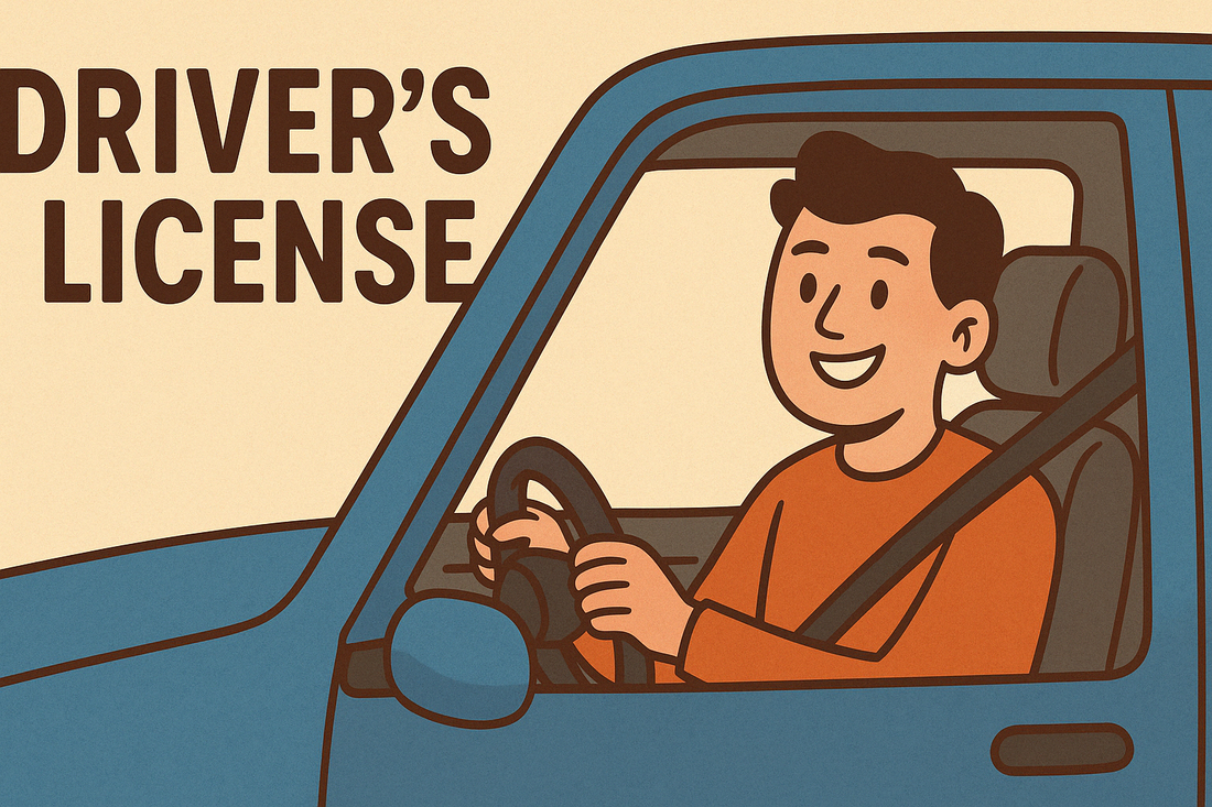 cartoon picture of a man happily driving with drivers license