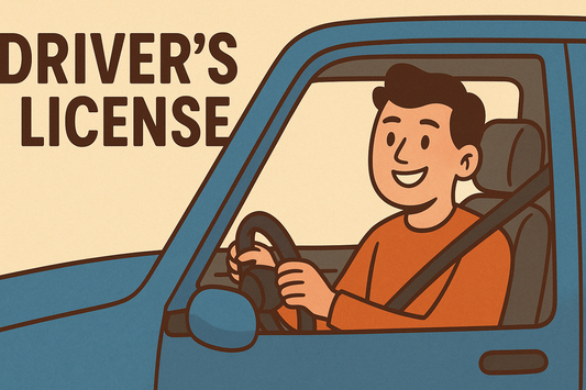 cartoon picture of a man happily driving with drivers license