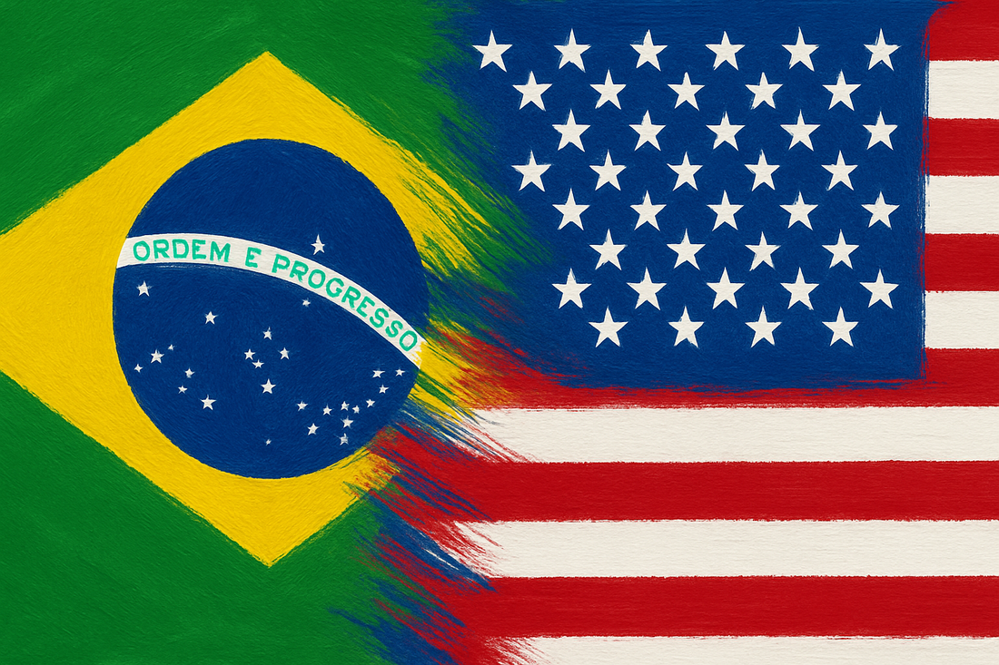 Half brazilian flag half us flag separated by unclear brush stroke signifying someone that may have dual citizenship from both countries