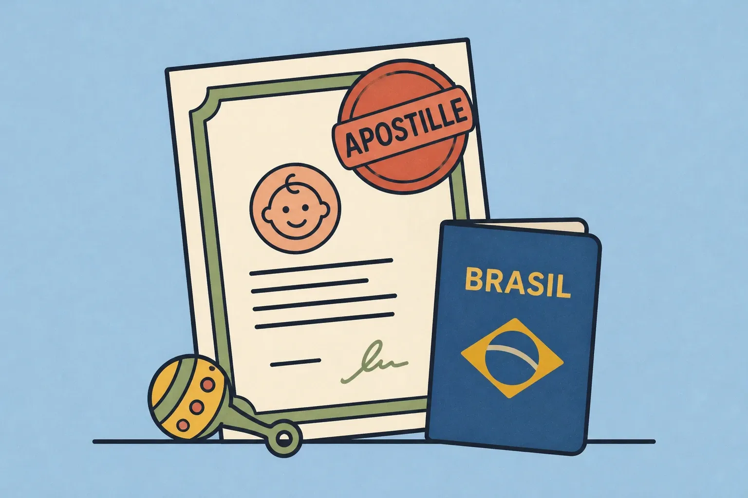 Ilustração de uma certidão de nascimento com um selo de APOSTILLE ao lado de um passaporte brasileiro e uma chocalho de bebê.