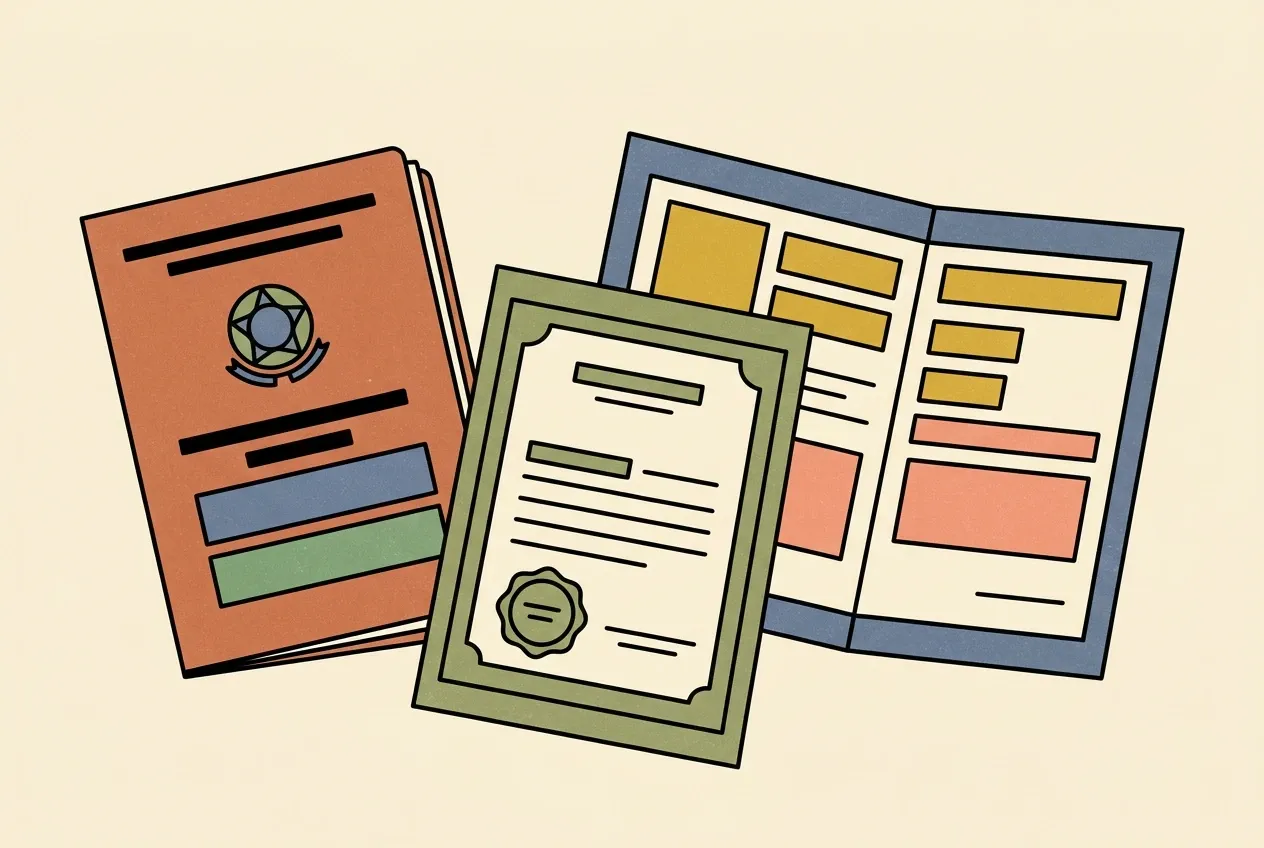 Ilustración de un pasaporte, un certificado con sello y un documento oficial abierto