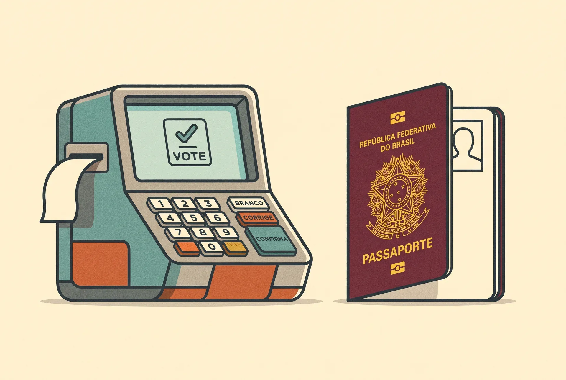 Brazilian electronic voting machine next to a passport, representing the vote of Brazilians abroad