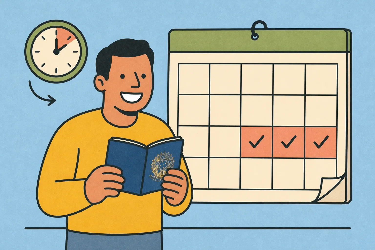 Illustration of a man holding a US passport next to a calendar with October, November, and December highlighted.