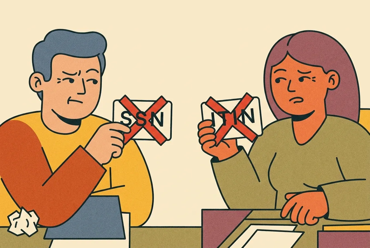Ilustración de un hombre y una mujer sosteniendo tarjetas de SSN e ITIN tachadas con una X roja
