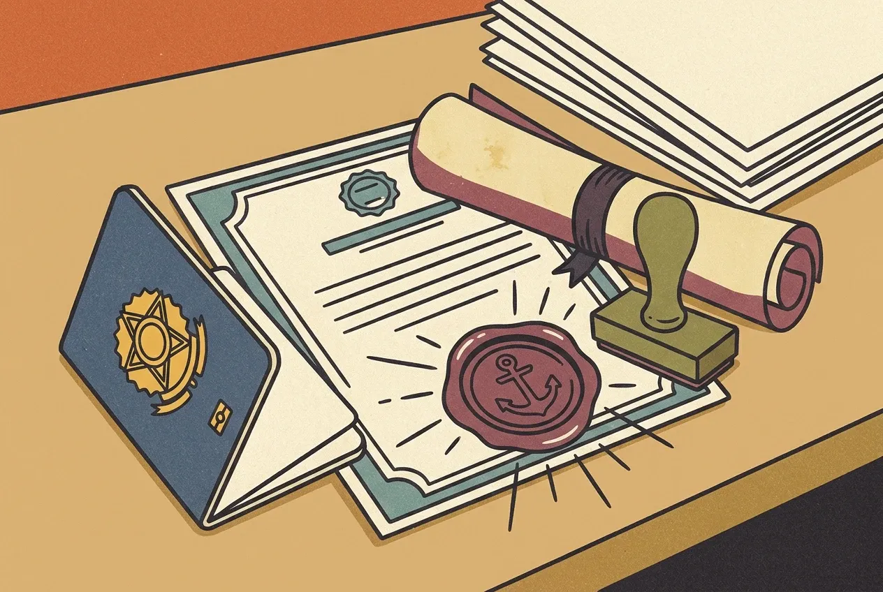 Brazilian documents with a Hague Apostille stamp on a table