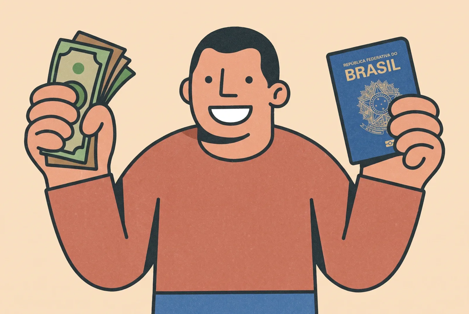 Pasaporte brasileño sobre una mesa con monedas americanas al lado, representando las tarifas consulares en 2026
